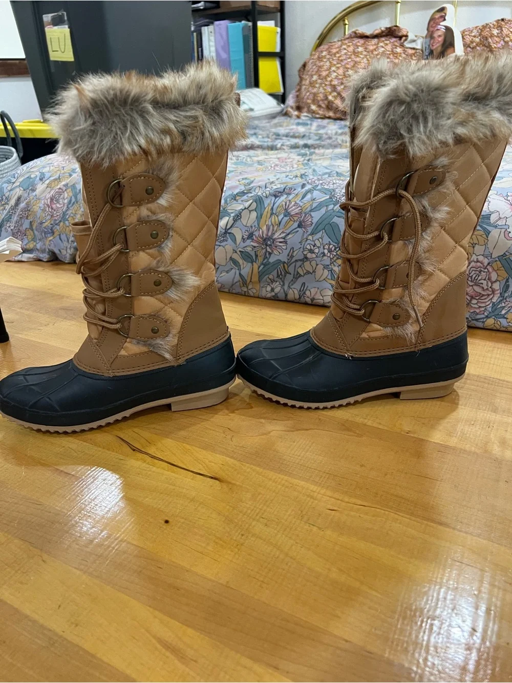 Kids Brown and Black Winter Snow Boots with Faux Fur Trim